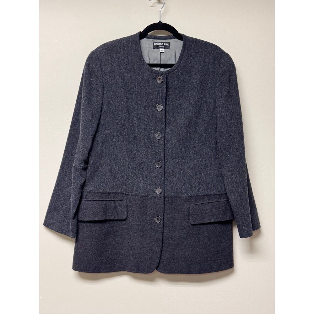PHILIPPE ADEC PARIS 100% Lambswool Vintage Blazer Collarless Pockets, Sz 10